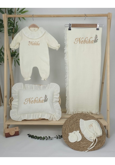 Gros Shop Müslin Yeni Doğan 4katlı Organik %100pamuk Kişiye Özgü Nakışlı Hastane Çıkış Seti Dallı Papatya Ekru
