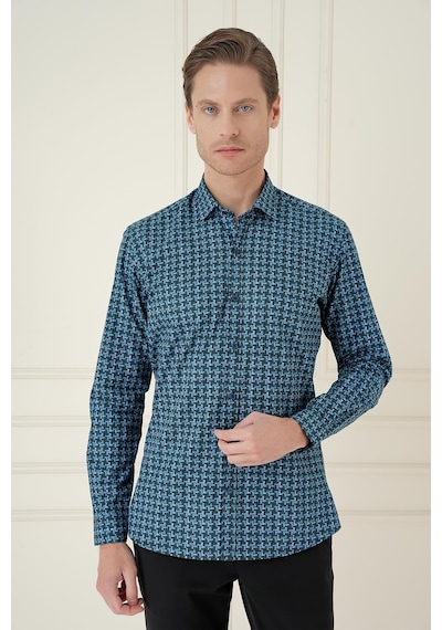 Efor Slim Fit Kazayağı Desenli %100 Pamuk Casual Mavi Gömlek G 1585 Mavi