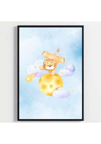 Besay Küçük Kralın Rüyası Yavru Aslanlı Suluboya Gezegen Ve Bulut Temalı Bebek Odası Posteri 3'lü Çocuk Odası Poster Seti A
