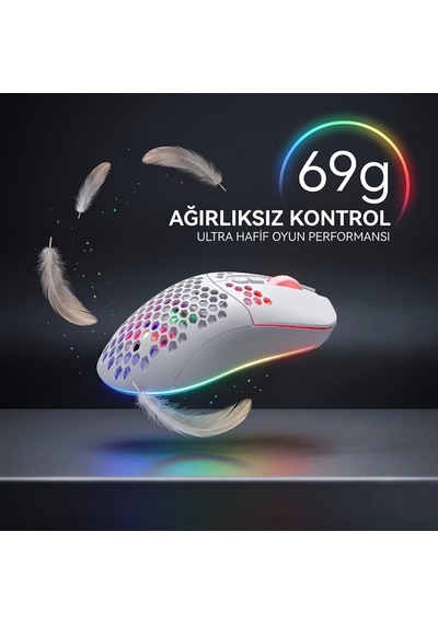 Kablolu Rgb Gaming Mouse, 12800 Dpı, 69g Ultra Hafif, Petek Gövde, 5 Milyon Tıklama Ömürlü, Instant 825 Optik Sensör, Örgü Kablolu Oyuncu Mouse Mo-19 Beyaz