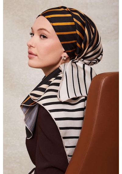 Levidor Şerit Desen Twill İpek Eşarp-0909 Gold