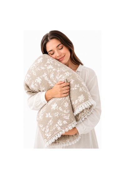 Bloomy Müslin Yatak Örtüsü Pike Çift Kişilik Yumuşak Dokulu Nefes Alan 4 Mevsim Örtü 230x250 Çeyiz&günlük Bej
