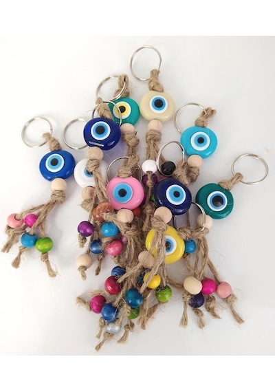 20 Adet Anahtarlık Karışık Renkli Kötü Göz Kovucu Nazar Hand Made Hasır Renkli Ahşap Boncuklu Nazarlık Çanta Araba Süsü