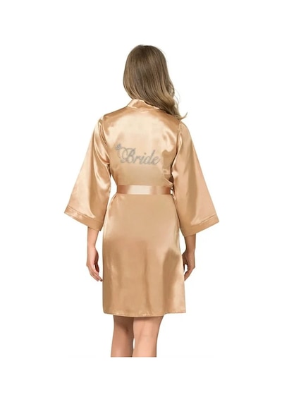Veraura Lifestyle Kadın Şık Tasarım Yumuşak Dokulu Gold Kısa Saten Bride Sabahlık Takımı Altın