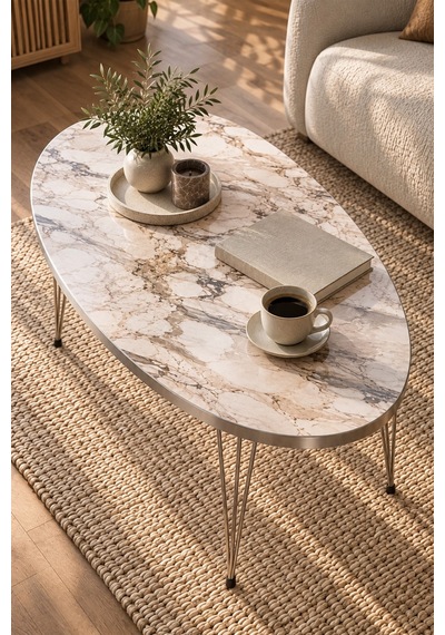 Sulorahome Elips Gümüş Detaylı Orta Sehpa Beyaz Mermer
