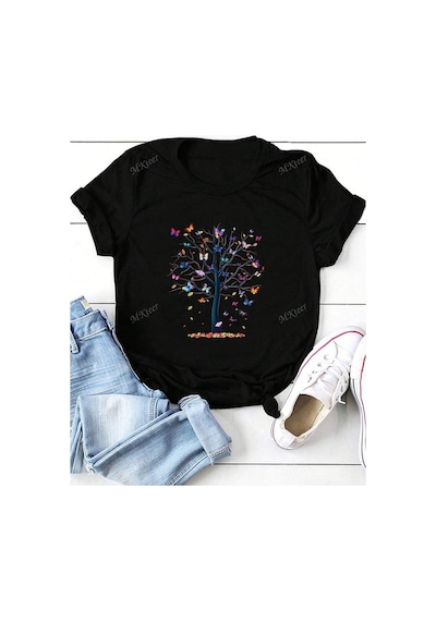 Flood Of Style Kadın Siyah Kelebek Ağaç Baskılı Oversize