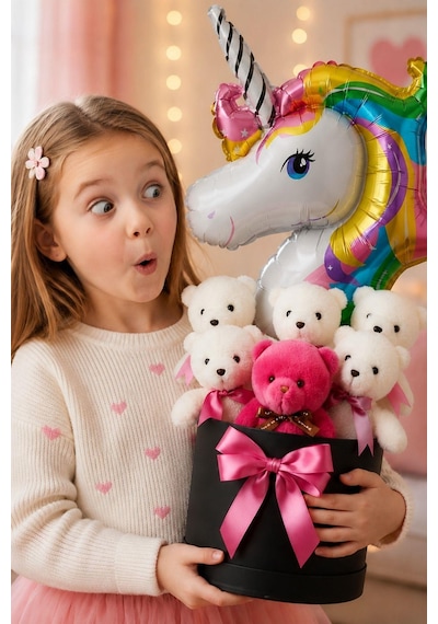 Unicorn Balonlu 6 Peluş Ayıcıklı Premium Hediye Kutusu Kız Çocukları İçin Eğlenceli Doğum Günü Hediyesi