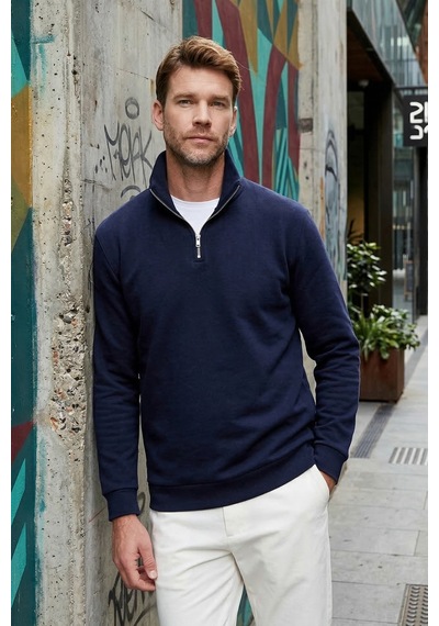 Tudors Unisex Relax Fit Rahat Kesim Pamuklu İçi Polarlı Yarım Fermuarlı Lacivert Dik Yaka Sweatshirt-32669