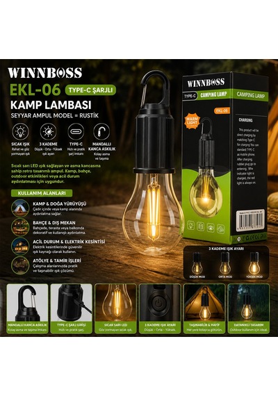 Winnboss Ekl-06 G-912 Kamp Lambası 3-kademe Işık Usb Şarjlı Mandallı Kanca Askılık Diğer