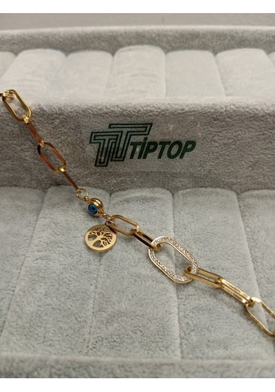 Tiptop/ Gold Renk Zincir Model Zirkon Taşlı Hayat Ağacı Ve Nazar Borcuklu Bileklik Gold