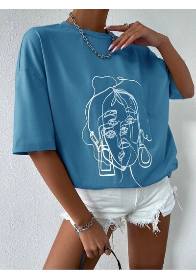 Flood Of Style Kadın Çizgili Figür Oversize Indigo T-shirt Mavi