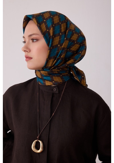 Belli Geometrik Desen %100 Twill İpek Eşarp Be08 Petrol