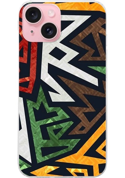 Apple Uyumlu iPhone 15 Soyut Grafiti Tasarımlı Slim Fit Şeffaf Silikon Kılıf