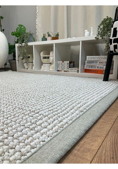 Saraz Halı Kumaş Bordür Bej Bukle Siyah Bordür Halı Salon Koridor Mutfak Çocuk Odası Halısı Kilim S263 Bej