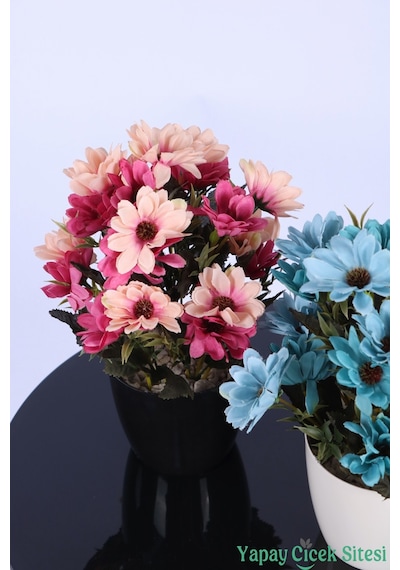 Yapay Çiçek Sitesi Plastik Saksıda Yapay Katmerli Papatya Tanzimi 2'li Set 25 Cm Somon - pembe