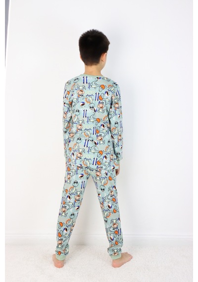 Harika Kids Erkek Çocuk Baskılı İnterlok Kumaş Uzun Kollu Pijama Takımı Yeşil