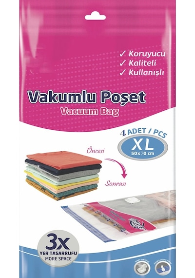 4'lu Vakumlu Poşet Hurç Seti 50x70 Cm Large - Kilitli Kıyafet Yastık Yorgan Hurcu Şefaf