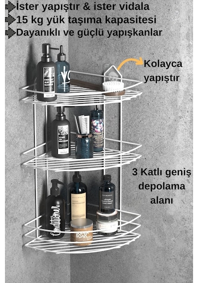 Teknotel Banyo Düzenleyici Şampuanlık Sabunluk 3 Katlı Yapışkanlı Banyo Duş Rafı Beyaz St003 Beyaz