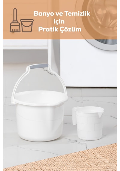 Porsima 2 Li Banyo Balkon Temizlik Seti 8l Kulplu Kova 1,65l Maşrapa Banyo Seti Beyaz Beyaz