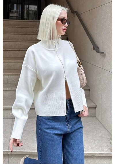 Seeh Ekru Çift Fermuarlı Dik Yaka Kadın Triko Hırka Sh348 Regular