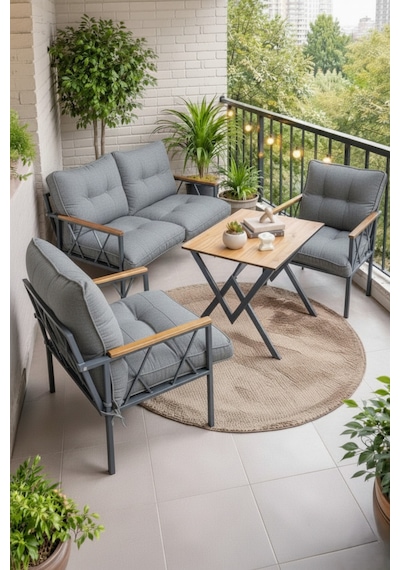 Miray 211 Masalı Gri Fermuarlı Bahçe Balkon Takımı, Salon, Teras- Berjer Düğmeli Metal Çay Seti Gri
