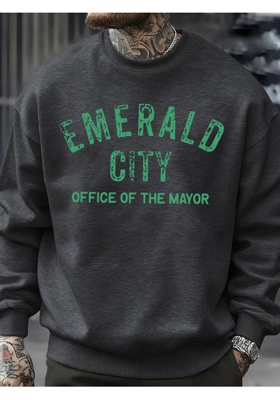 Startmore Tarzsokak Emerald City Mektup Baskılı Sonbahar Sweatshirt Erkek Trendy Günlük Kazak Polar Bol Giyim Her Antrasit