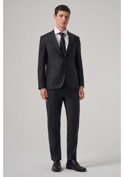Morven Erkek Siyah Yünlü Trend Düz Slim Fit Sivri Yaka Takım Elbise 26mc001046001 Siyah