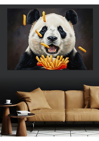 Patates Kızartması Yiyen Komik Panda Dekoratif Kanvas - Mdf Ahşap Tablo
