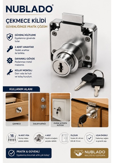 Çekmece Dolap Kilidi 2 Anahtarlı Metal Mobilya Kilidi 40x40 Mm 16 Vida Ve 4 Karşılık Aparatı Dahil
