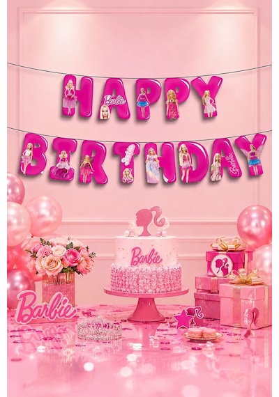 Barbie Happy Birthday Yazı Banner Kız Çocuk Doğum Günü Parti Süsü Dekoru Genel