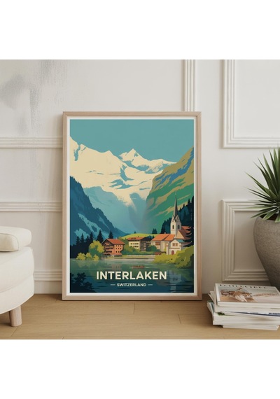Interlaken İsviçre Seyahat Posteri Vintage Alp Duvar Sanatı