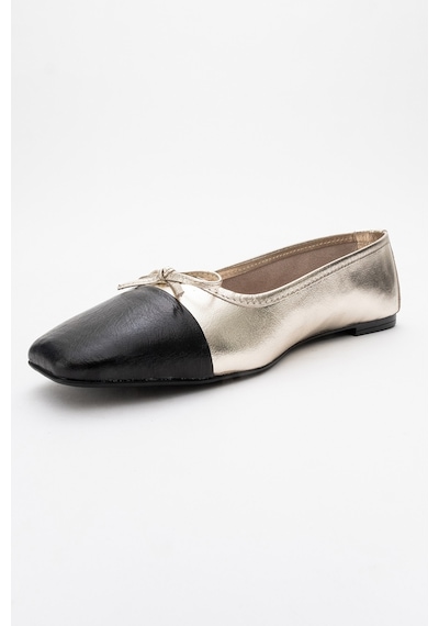 Luvishoes Luvi Shoes Romy Altın-siyah Cilt Hakiki Deri Küt Burunlu Fiyonklu Kadın Babet Ayakkabı Altın - Siyah