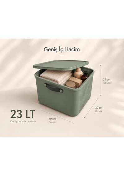 23 Lt Kapaklı 2 Adet Organizer Kutu Yan Kulplu Büyük Boy Plastik Saklama Ve Depolama Kutusu Çok Amaçlı Düzenleyici Kutu Dolap, Banyo, Ofis Ve Oyuncak Düzeni İçin 40x30x25cm Zeytin Yeşili