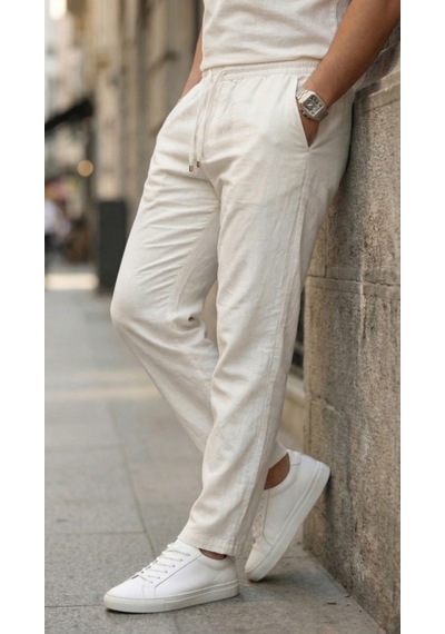 Efnaz Style Erkek İç Göstermez Yıkamalı Genişkalıp Keten Pantolon Beyaz