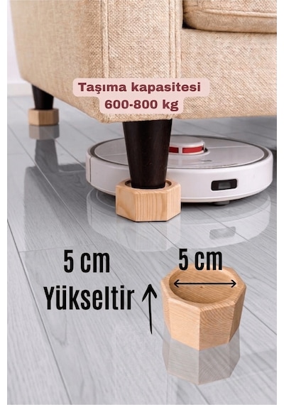 Robot Süpürge İçin Doğal Ahşap Baza Yükseltici, 5cm Yükseltir, Çap.5 Oyuklu Takoz 1 Adet