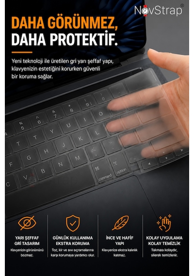 Novstrap Apple Macbook Pro 14 İnç M3 A3401 A3185 A3112 İle Uyumlu Türkçe Q Gri Füme Silikon Klavye Koruyucu Kılıf