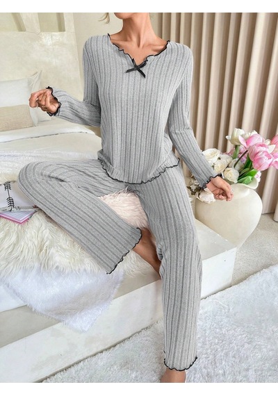 Bella Notte Gri Pamuklu Fiyonk Detaylı Pijama Takımı