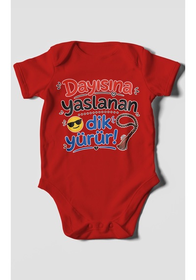 Morivokids Dayısına Yaslanan Dik Yürür Kısa Kollu Bebek Body %100 Pamuk Kırmızı