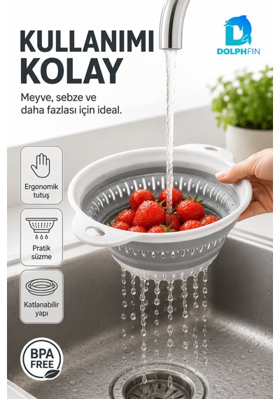 Katlanır Yuvarlak Süzgeç Mutfak Pratik Kullanım Gereci Beyaz - Gri