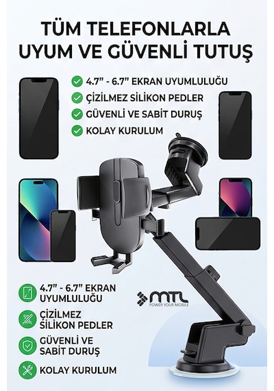 Katılabilir Ve 270 Ayarlanabilir Kol Araç İçi Telefon Tutucu Dayanıklı Ve Güçlü Vantuzlu