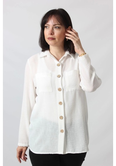 Moda Berray Bb-077 Beyaz Pamuk Keten Kolu Apoletli İki Cepli Kadın Büyük Beden Gömlek Beyaz