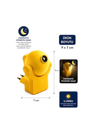 Projeksiyon Gece Lambası Sensörlü Bebek Odası Uyku Lambası Sevimli Ayıcık Görselli 5 Lümen Led Işık Sarı