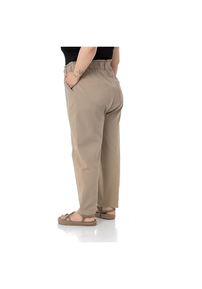 Disentis Büyük Beden Beli Fırfır Detaylı Yüksek Belli Gabardin Vizon Pantolon 001