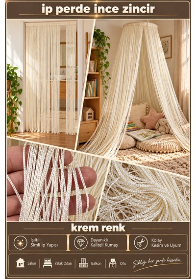 İp Perde Özel Seri İnce Zincir Krem Renk En 100 Cm Boy 300 Cm Korniş Ve Rustik Kullanım