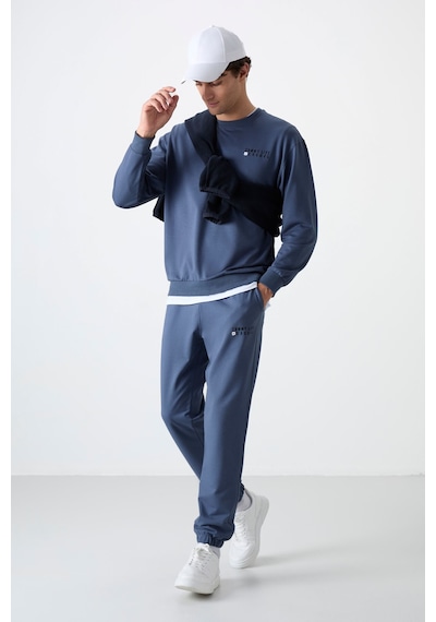 Tommy Life Petrol Casual O Yaka Lastik Paça Pamuklu Erkek Oversize Eşofman Takımı - 85120 Petrol