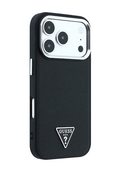 Apple Uyumlu iPhone 18 Pro Max Kılıf Guess  Lisanslı M-safe Şarj Özellikli Grained Triangle Kapak Siyah