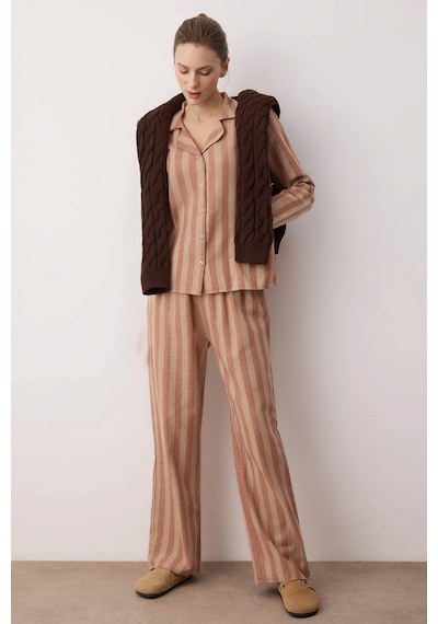 Gül Kurusu-ekru Pamuklu Kalın/kışlık Çizgili Flanel Dokuma Pijama Takımı Çok Renkli