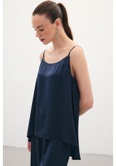 Sateen Askılı Saten Bluz - Lacivert-136351 Lacivert