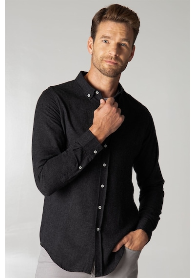 Tudors Slim Fit Kışlık Yün Viskon Düz Gömlek-25541 Siyah