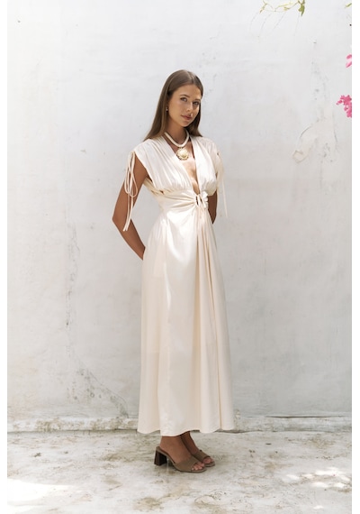 Mai Collection Mai Studios Co. Manarola Büzgü Detay Bej Uzun Elbise Bej